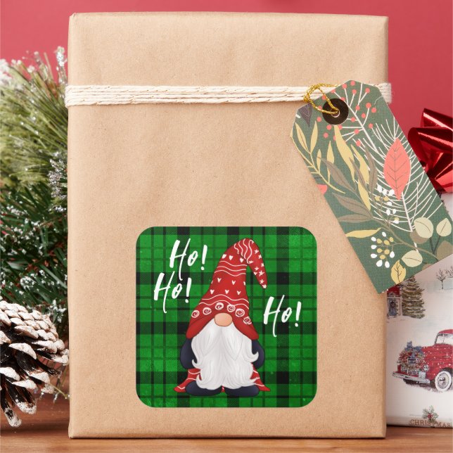 Christmas Nordic Gnome Green Plaid  Square Sticker (Holiday)
