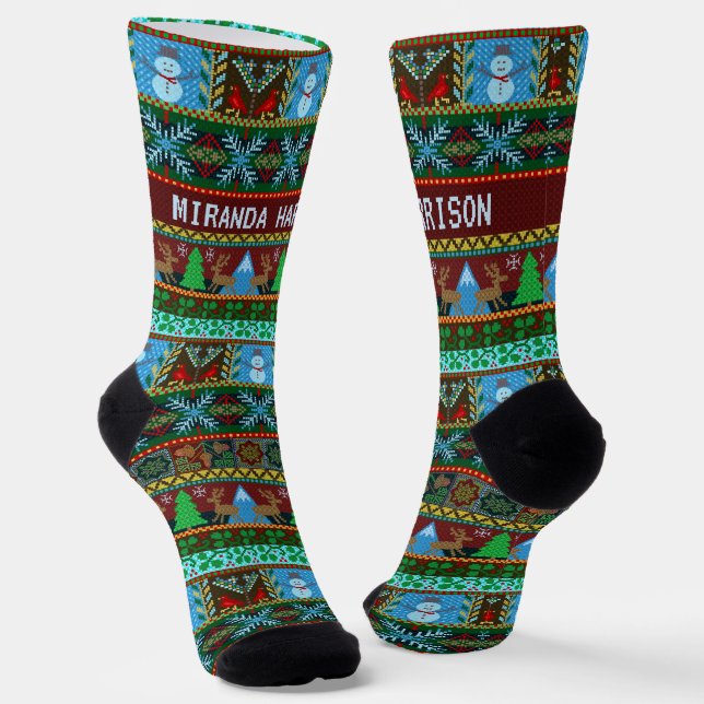Christmas Nordic Knit Snowmen Reindeer | Name Socks (Angled)
