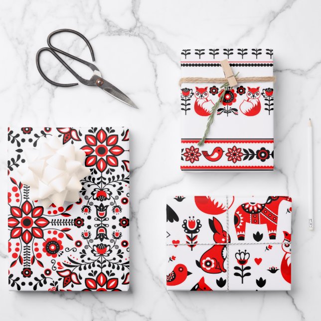 Christmas Nordic Scandinavian Swedish Black Red Wrapping Paper Sheet (Front)