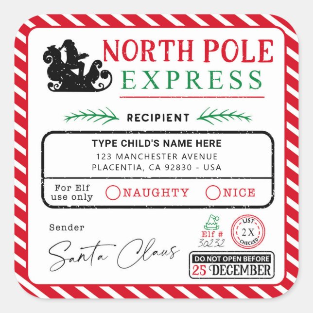 Christmas North Pole Express Address Shipping Square Sticker (Front)