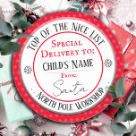 Christmas North Pole Workshop Custom Name Classic Classic Round Sticker<br><div class="desc">Santa's Workshop top of the nice list and custom kids name. Fun stickers to add to kids gifts!</div>