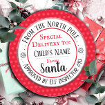 Christmas North Pole Workshop Custom Name Classic Round Sticker<br><div class="desc">Santa's Workshop Elf Inspector # any number and custom kids name. Fun stickers to add to kids gifts!</div>