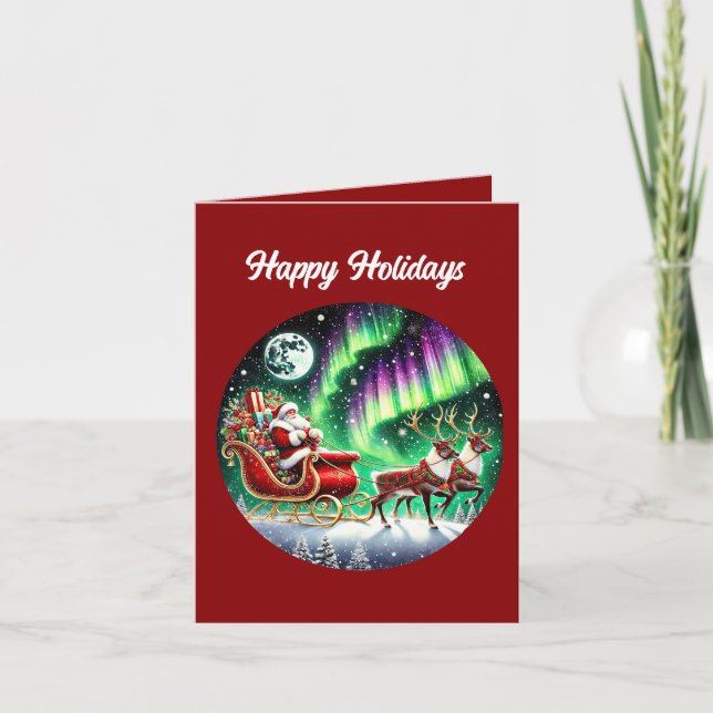 Christmas Northern lights Santa sleigh add message Holiday Card (Front)