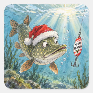 Christmas Northern Pike Fish with Santa Hat Square Sticker