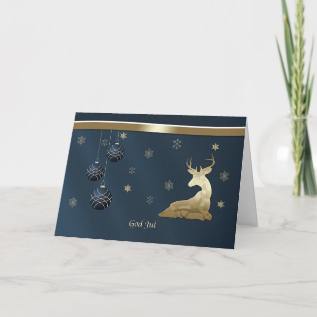 Christmas, Norwegian, Golden Deer, Snowflakes Holiday Card (Front)