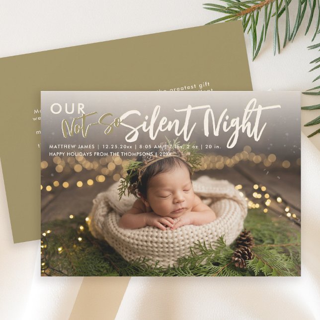 Christmas Not Silent Night Gold Funny Baby Photo Announcement (christmas family card baby announcement not so silent night cute funny humorous gold)