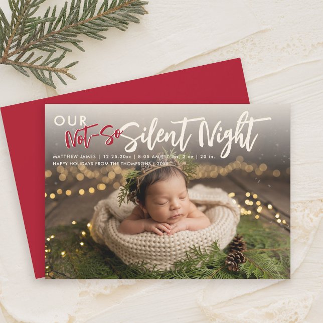 Christmas Not So Silent Night Funny Red Baby Photo Announcement (christmas family card baby announcement not so silent night cute funny humorous red)
