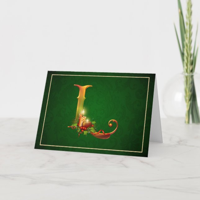 Christmas Notecard glowing lit candles initial L (Front)