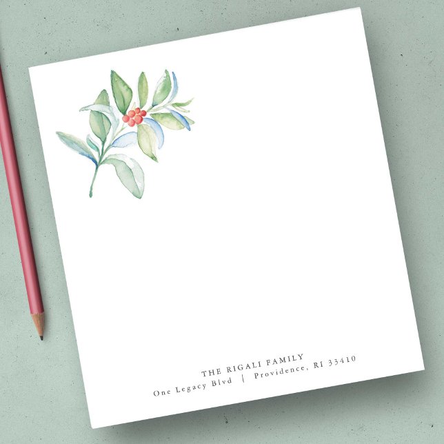 Christmas Notepads Watercolor Red & Green Botanic (Bulk Christmas notepads feature unique watercolor holiday greenery and red berries)