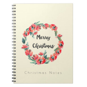 Christmas Notes Red Floral Watercolor Wreath Notebook