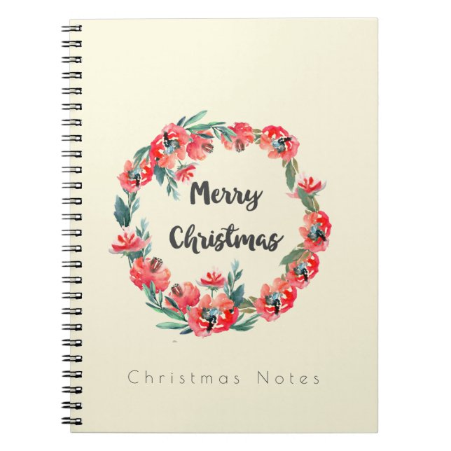Christmas Notes Red Floral Watercolor Wreath Notebook (Front)