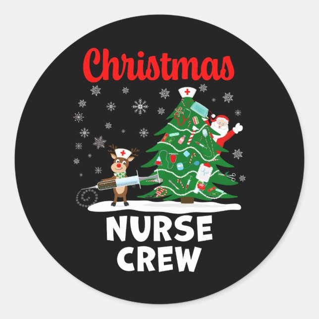 Christmas Nurse Crew with Santa and Reindeer Classic Round Sticker (Front)