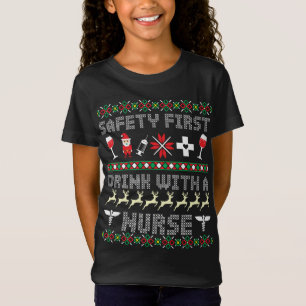 Christmas Nurse Drinking Alcohol Wine Ugly Christm T-Shirt