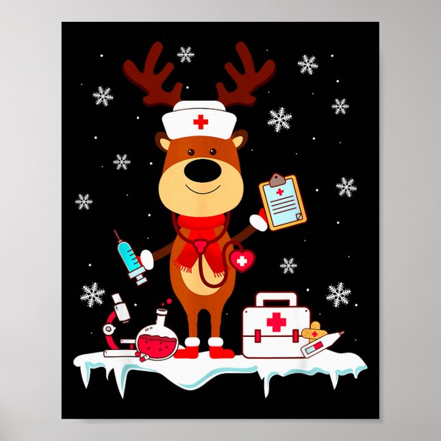Christmas Nurse Reindeer Funny Xmas Scrub Top Nurs Poster (Front)