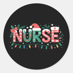 Christmas Nurse Santa Hat Stethoscope Bow Lights Classic Round Sticker