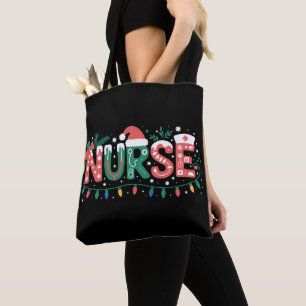 Christmas Nurse Santa Hat Stethoscope Bow Lights Tote Bag