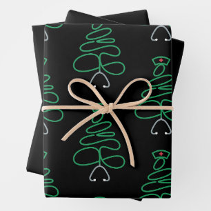 Christmas Nurse Stethoscope Tree Santa Hat Xmas Wrapping Paper Sheet