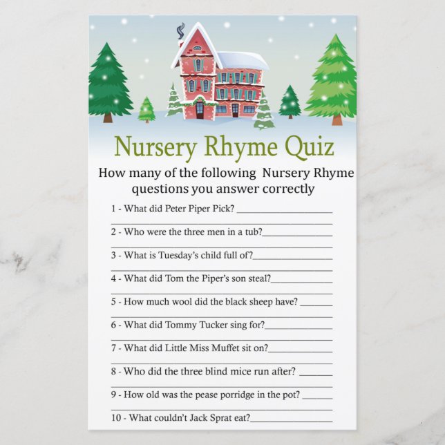 christmas Nursery Rhyme Quiz baby shower game (Front)
