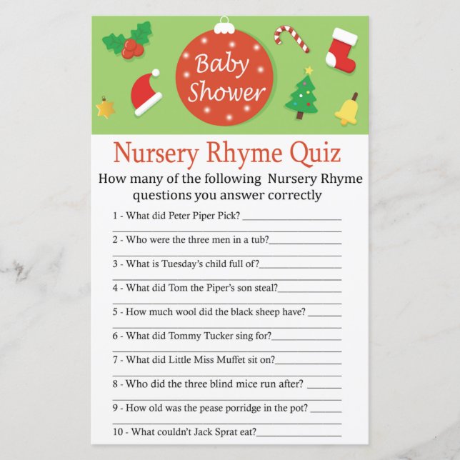 Christmas Nursery Rhyme Quiz baby shower game (Front)