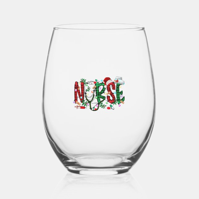 Christmas Nursing Sweatshirt Stemless Wine Glass (Front)