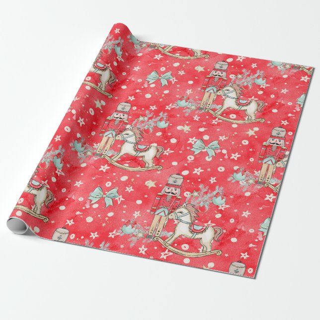 Christmas Nutcracker and rocking horse Wrapping Paper (Unrolled)