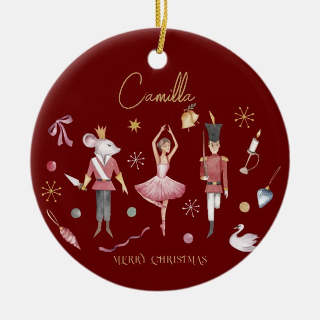 Christmas Nutcracker Ballerina Whimsical Kids Name Ceramic Tree Decoration (Front)