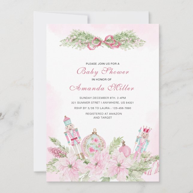 Christmas Nutcracker Ballet Pink watercolor baby s Invitation (Front)