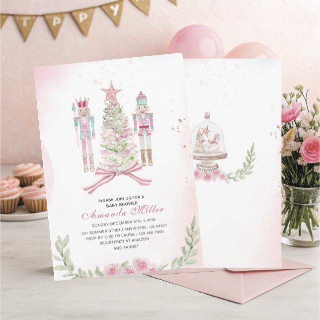 Christmas Nutcracker Ballet Pink watercolor baby s Invitation (Creator Uploaded)