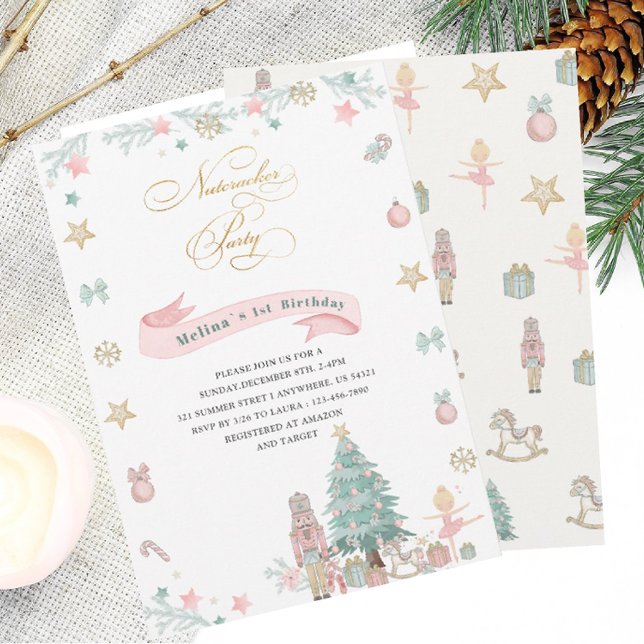 Christmas Nutcracker Ballet Pink watercolor baby s Invitation (Creator Uploaded)