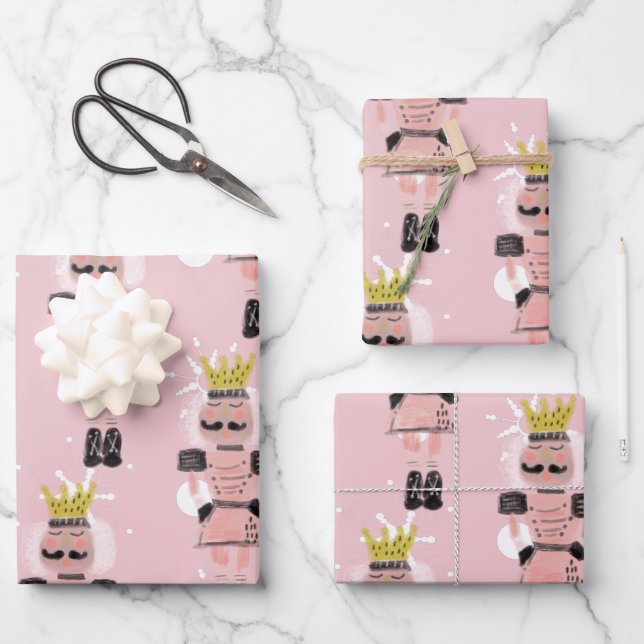 Christmas Nutcracker Figures Hand Drawn Pink Wrapping Paper Sheet (Front)