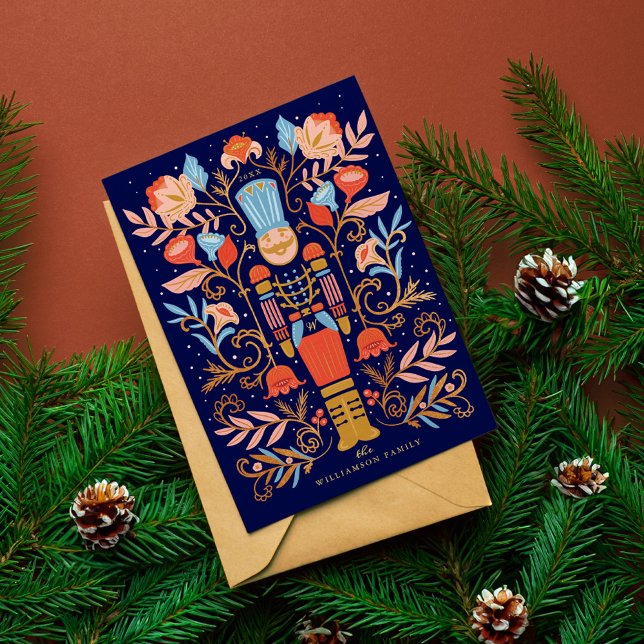 Christmas Nutcracker Floral Folk Art Deep Blue Holiday Card (Christmas Nutcracker Floral Folk Art Deep Blue Holiday Card)