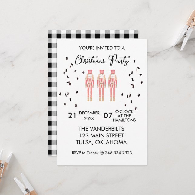 Christmas Nutcracker Gingham Invitations (Front/Back In Situ)
