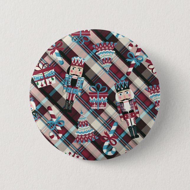 Christmas Nutcracker Plaid Blue Burgundy 6 Cm Round Badge (Front)