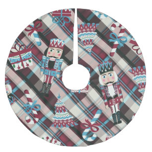 Christmas Nutcracker Plaid Blue Burgundy Brushed Polyester Tree Skirt