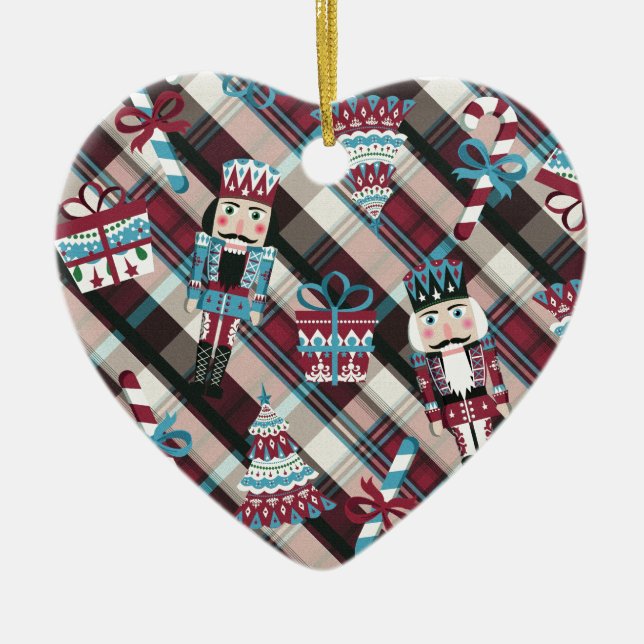 Christmas Nutcracker Plaid Blue Burgundy Ceramic Tree Decoration (Front)