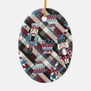Christmas Nutcracker Plaid Blue Burgundy Ceramic Tree Decoration