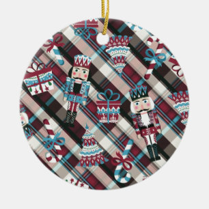 Christmas Nutcracker Plaid Blue Burgundy Ceramic Tree Decoration