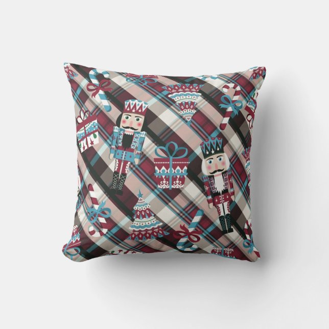 Christmas Nutcracker Plaid Blue Burgundy Cushion (Front)