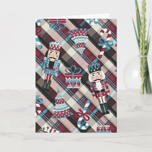 Christmas Nutcracker Plaid Blue Burgundy Holiday Card (Front)