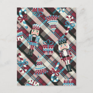 Christmas Nutcracker Plaid Blue Burgundy Holiday Postcard
