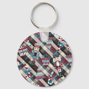Christmas Nutcracker Plaid Blue Burgundy Key Ring
