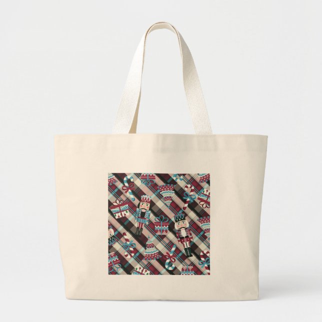 Christmas Nutcracker Plaid Blue Burgundy Large Tote Bag (Front)