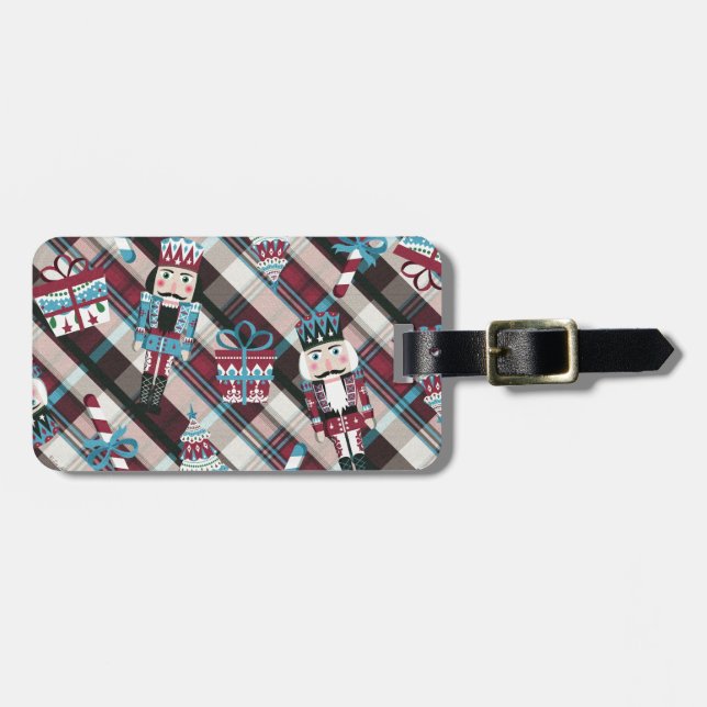 Christmas Nutcracker Plaid Blue Burgundy Luggage Tag (Front Horizontal)