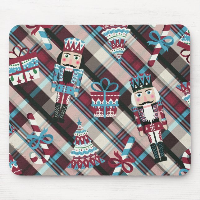 Christmas Nutcracker Plaid Blue Burgundy Mouse Mat (Front)