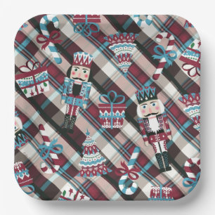 Christmas Nutcracker Plaid Blue Burgundy Paper Plate