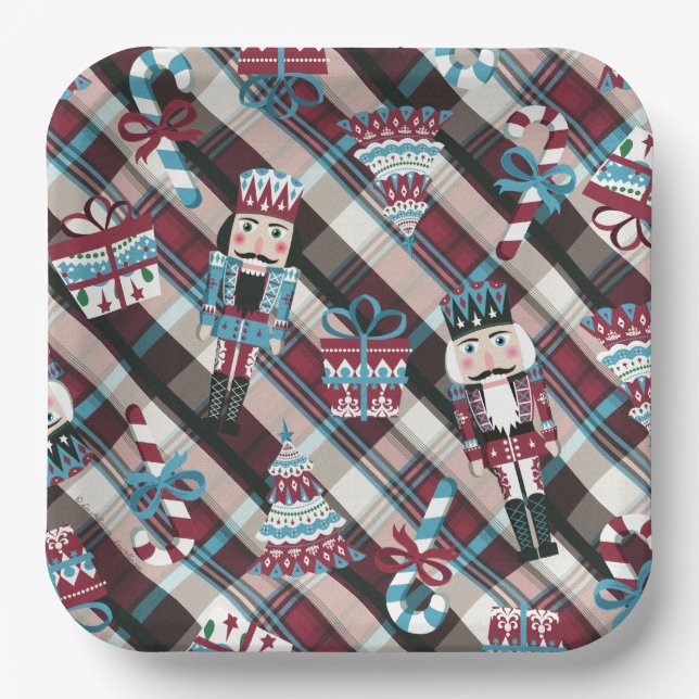 Christmas Nutcracker Plaid Blue Burgundy Paper Plate (Front)