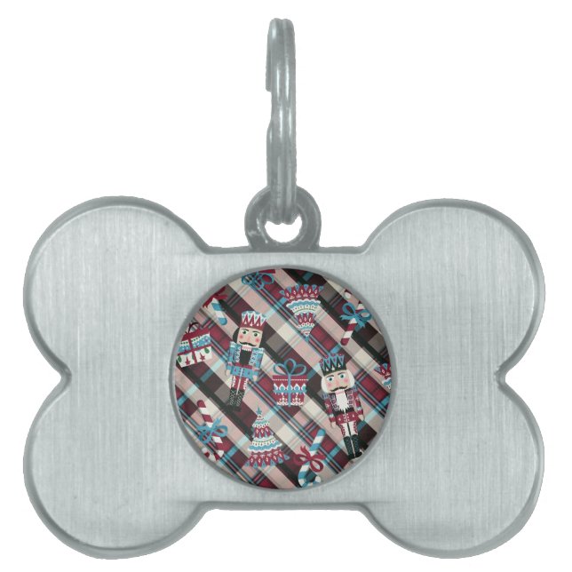 Christmas Nutcracker Plaid Blue Burgundy Pet Tag (Front)