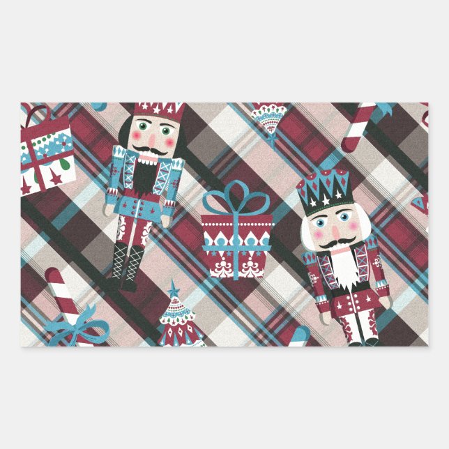 Christmas Nutcracker Plaid Blue Burgundy Rectangular Sticker (Front)