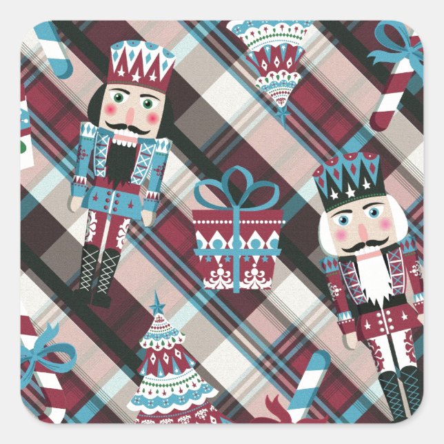 Christmas Nutcracker Plaid Blue Burgundy Square Sticker (Front)