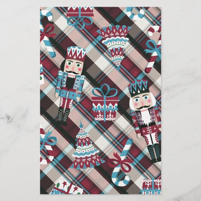 Christmas Nutcracker Plaid Blue Burgundy Stationery (Front)